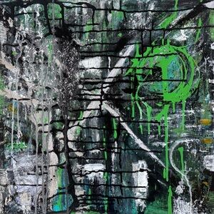 Green and Black Urban Abstract Painting